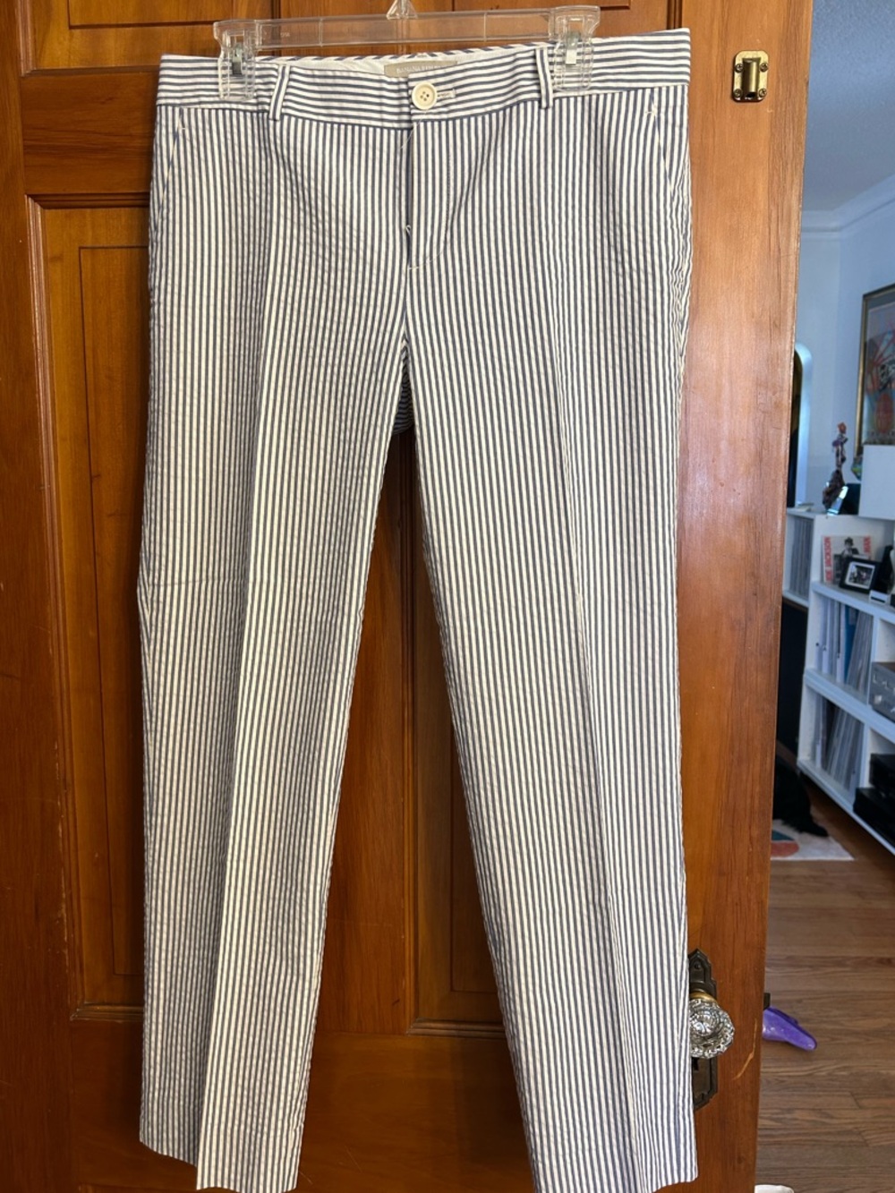 Banana Republic Women’s Slim Seersucker Striped Pants - White & Blue